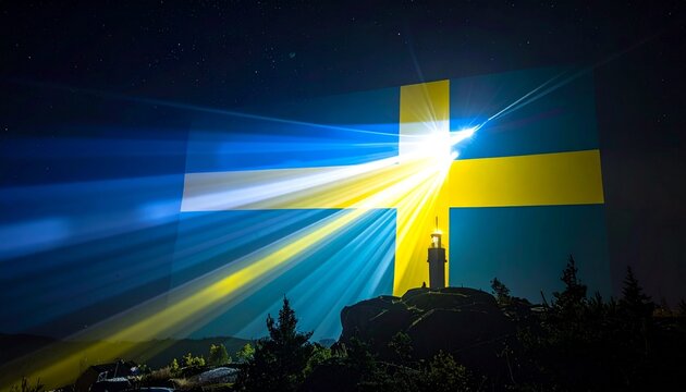 Bright light radiates from an illuminated lighthouse beacon on a rocky hill against the backdrop of a dramatic projection of the Swedish flag in the night sky, with stars twinkling in the distances