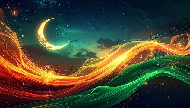 a glowing crescent moon in a star-studded night sky, with dynamic waves of flowing orange, yellow and green light. This beautiful and atmospheric background is perfect for youd - Powered by Adobe