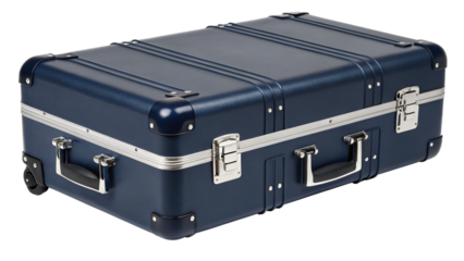 A dark blue, textured, rectangular suitcase with silver accents and wheels, isolated on transparent background