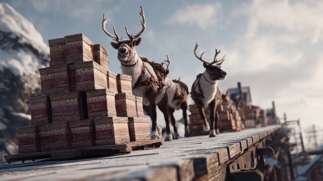 Reindeer Walking on Wooden Bridge with Stacked Boxes in Snowy Mountain Landscape - Powered by Adobe