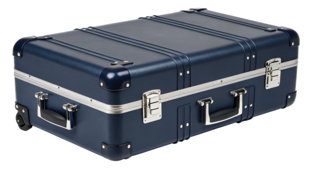 A dark blue, textured, rectangular suitcase with silver accents and wheels, isolated on transparent background