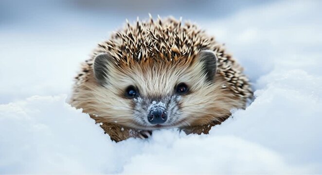 Curious hedgehog peeking out from soft winter snow