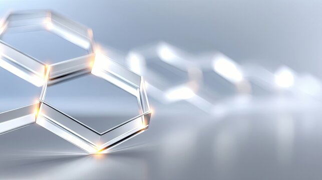 Close-up of translucent hexagonal shapes with glowing orange edges arranged on a reflective, metallic surface. The background is blurred with soft light. - Powered by Adobe