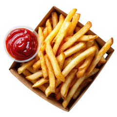 Golden fries overflow box; dipping ketchup. Delicious and tempting
