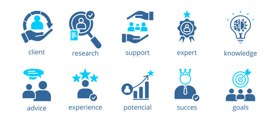consulting icon set collection in dual tone style. an icon pack contain	client, research, support, expert, knowledge, advice, experience, potensial, succes, goals
