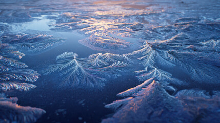 Frozen pond surface with intricate ice patterns, blue and purple hues, winter morning light