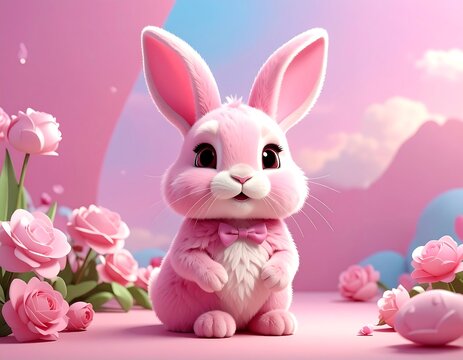 Adorable pink bunny with large ears, a bow, and roses around - Powered by Adobe