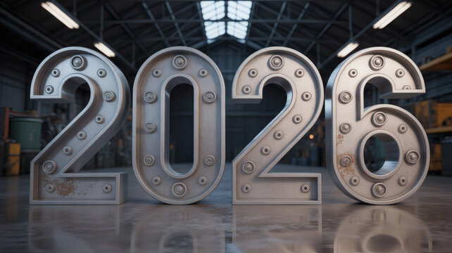 Large Metallic 2026 Numbers in Industrial Warehouse  