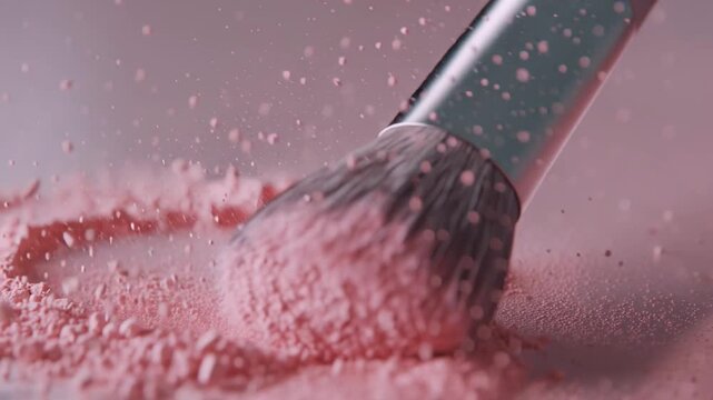 Close-up shot of a makeup brush hitting loose pink powder, capturing fine particles bursting and floating in the air. Soft studio lighting highlights the texture and motion, creating a dynamic and ele