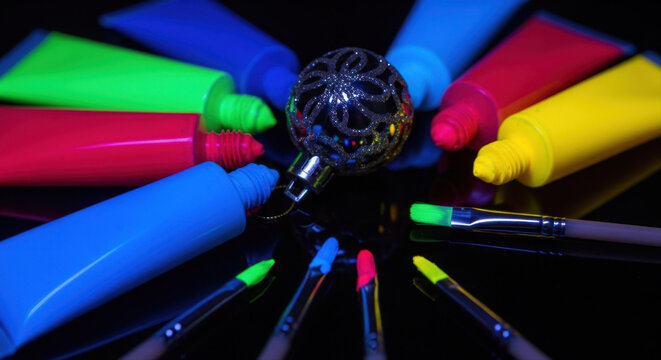 Vibrant neon body art paints arranged in a circular pattern under blacklight, showcasing a party atmosphere with brushes and vivid colors on a reflective surface