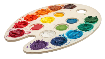 Artists wooden palette with a variety of colorful paints, isolated on transparent background