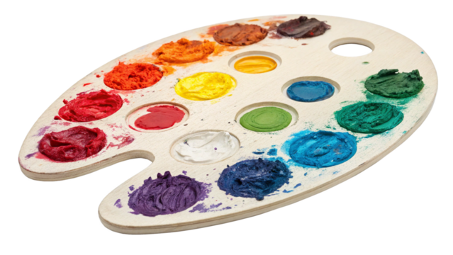 Artists wooden palette with a variety of colorful paints, isolated on transparent background