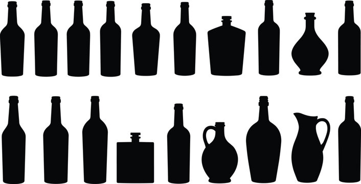 Silhouette vector illustration of diverse bottles and containers, packaging design elements for beverages, flasks, jugs, pitchers, creative product profile collection