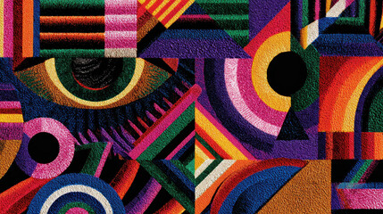 Colorful abstract pattern with geometric shapes, eye motif, vibrant lines, and textured surface