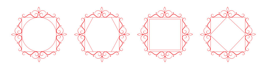 Pink Vintage Ornate Frame Set: Filigree Border, Circle, Square, Hexagon, Diamond Shapes