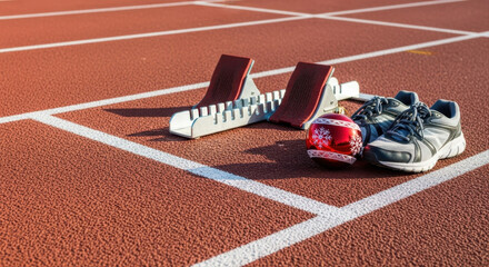 Running shoes and starting blocks on a fresh red track at the starting line in the morning sun