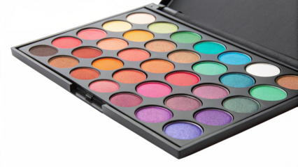 An open makeup palette with numerous colorful eyeshadows, isolated on transparent background