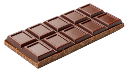 A dark chocolate bar with twelve segments, viewed from a slight angle, isolated on a transparent background