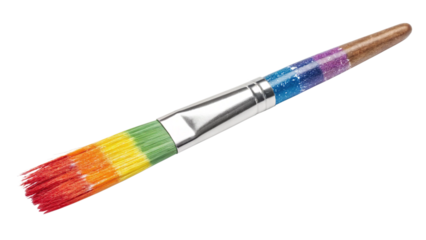 A paintbrush with bristles painted in rainbow colors, creating a stroke of vibrant hues, isolated on a transparent background