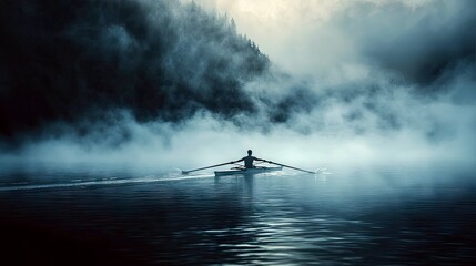 A single person rowing a scull boat on a calm, misty lake with forested hills in the background. The scene is atmospheric and moody, with soft, diffused light.