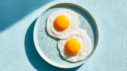 Two fried eggs on a blue plate are ready to be eaten for a protein breakfast