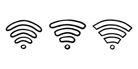 Set of hand drawn free wifi spot zone sign Public wi-fi area sign Wireless internet clipart in doodle style Single element for print, web, design, decor 3G, 4G, 5G, 6G, IoT