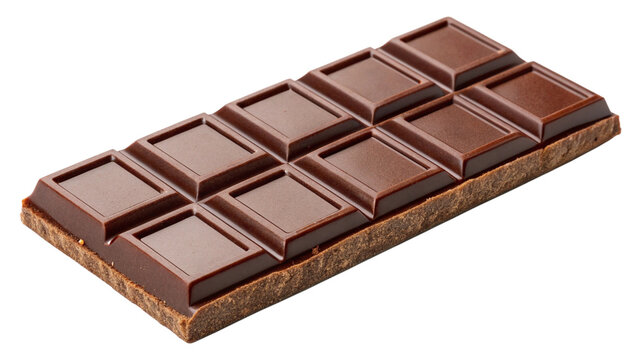 A dark chocolate bar with twelve segments, viewed from a slight angle, isolated on a transparent background