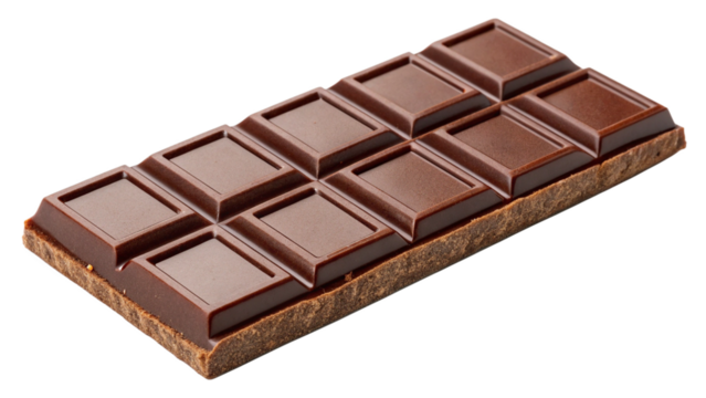 A dark chocolate bar with twelve segments, viewed from a slight angle, isolated on a transparent background
