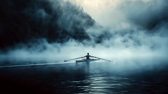 A single person rowing a scull boat on a calm, misty lake with forested hills in the background. The scene is atmospheric and moody, with soft, diffused light.