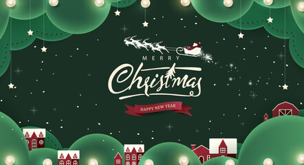 Christmas banner background with festive village winter scene Santa sleigh snow and decorative elements for holiday greetings and seasonal promotions