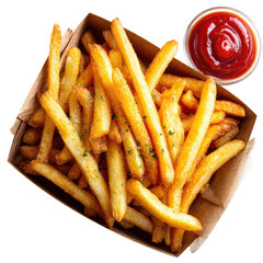 Crispy golden fries in a brown carton with a bowl of red ketchup