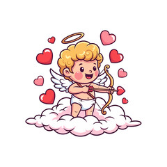 Obraz premium Adorable cupid aiming heart arrow on cloud, spreading love and Valentine's Day cheer with his bow, perfect for festive designs and greetings