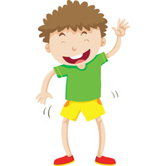 Joyful young boy with brown curly hair wearing a green t shirt and yellow shorts waving with a big smile and red shoes on a transparent background