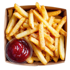 Golden french fries and ketchup in a cardboard container, top view