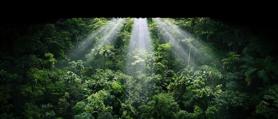 Sunlight streams through the dense green canopy of a tropical rainforest, illuminating mist and lush vegetation.