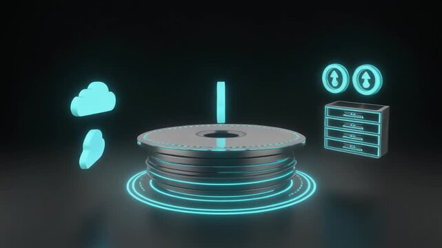 Futuristic 3D printing filament spool with glowing digital icons representing cloud data and server storage.