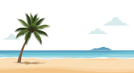 Obraz premium Beautiful and serene tropical beach scene with a single palm tree on the sand and calm blue ocean water on a sunny day.