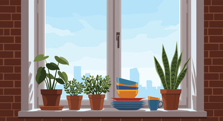 Obraz premium Collection of houseplants and colorful dishes on a windowsill in a cozy urban apartment with a view of the city skyline.