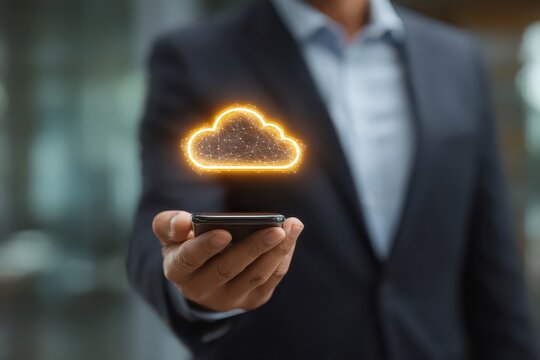 a businessperson using a smartphone with a cloud icon hologram technology concept on an office background, representing the online service of a mobile application in a business data storage setting.