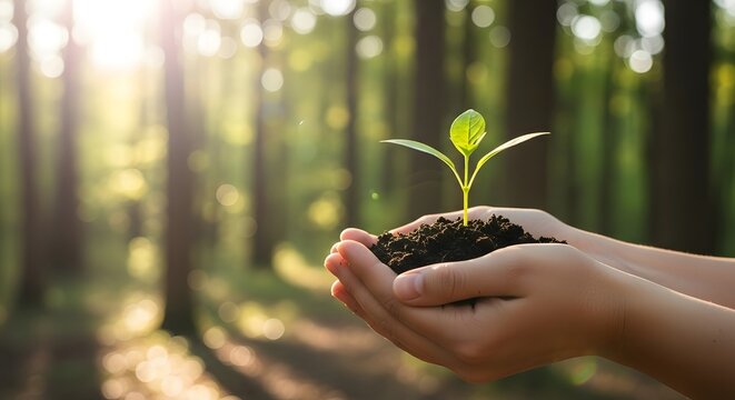 Hands holding a sprout in a forest symbolizing growth and sustainability - Powered by Adobe