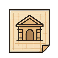 An illustrated architectural blueprint featuring a building sketch on grid paper.