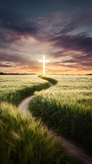 Idyllic rural scene featuring a glowing cross at sunset amid a winding path through golden wheat fields. Spiritual concept