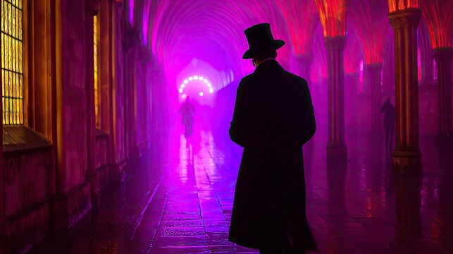 A man wearing a top hat and long coat walks down a dimly lit, ornate hallway with purple and red lighting. Other figures are visible in the distance.