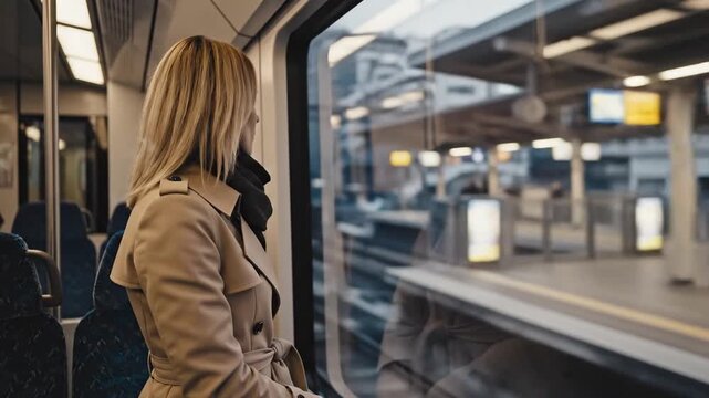 Blonde woman in trench coat gazing out train window at city station platform, reflecting during urban commute