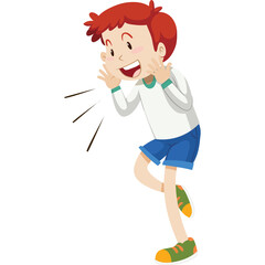 Joyful young boy with red hair and blue shorts shouting with excitement and open mouth on a transparent background showing expressive emotion and energetic gesture