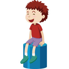 Joyful young boy with brown hair and rosy cheeks wearing a red t-shirt and purple shorts sits happily on a blue cylindrical object against a pure white background with a transparent overlay perfect