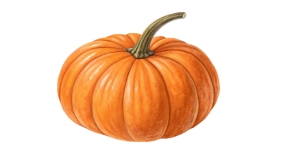 A single, ripe orange pumpkin with a green stem, isolated on a transparent background, representing autumn and harvest