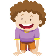Joyful Young Boy With Curly Brown Hair Wearing A Purple Shirt And Orange Shorts Crouching On A Transparent Background