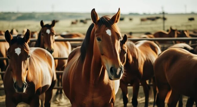 Herd of majestic horses gathered together in a sunny ranch corral