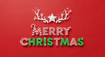 Merry christmas text with reindeer antlers and star on red background